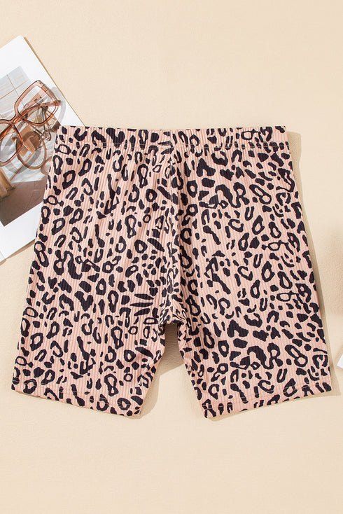 Leopard Print Ribbed Textured Knit Biker Casual Shorts