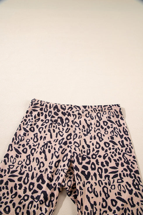 Leopard Print Ribbed Textured Knit Biker Casual Shorts