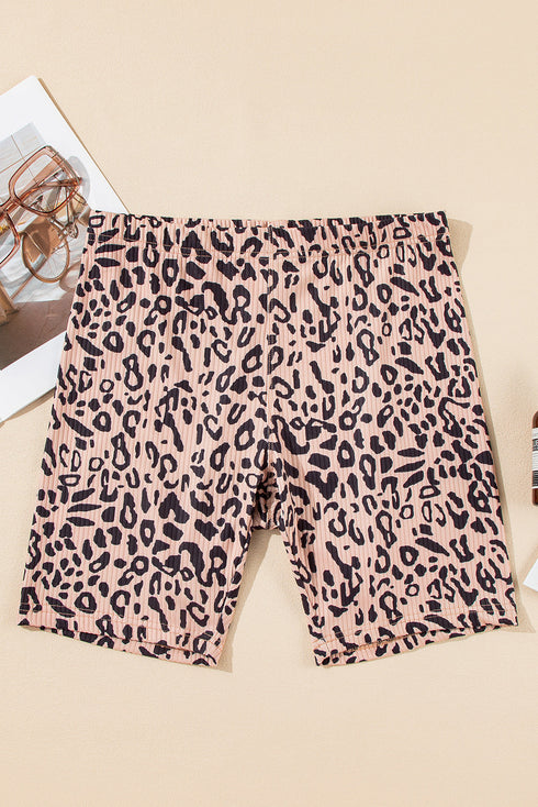 Leopard Print Ribbed Textured Knit Biker Casual Shorts
