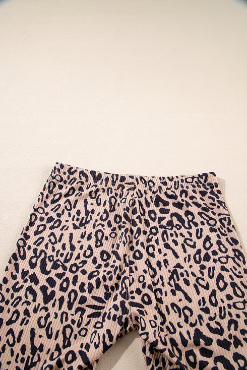 Leopard Print Ribbed Textured Knit Biker Casual Shorts