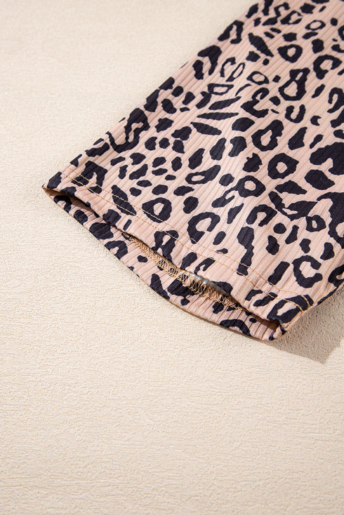 Leopard Print Ribbed Textured Knit Biker Casual Shorts