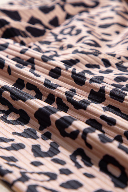 Leopard Print Ribbed Textured Knit Biker Casual Shorts