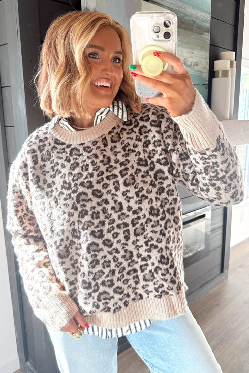 Leopard Print Ribbed Trim Retro Inspired Pullover Sweater