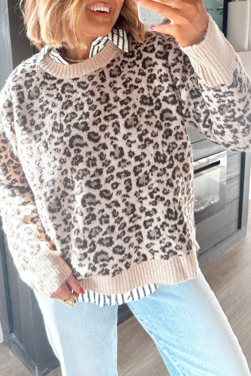 Leopard Print Ribbed Trim Retro Inspired Pullover Sweater