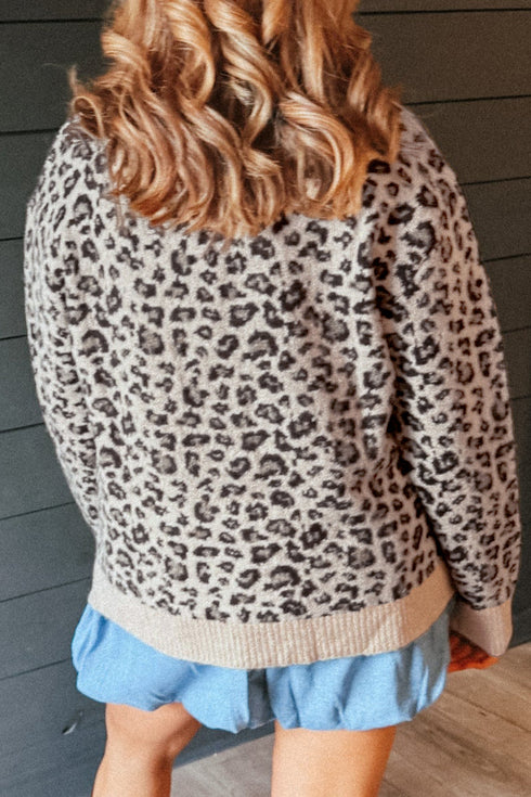 Leopard Print Ribbed Trim Retro Inspired Pullover Sweater
