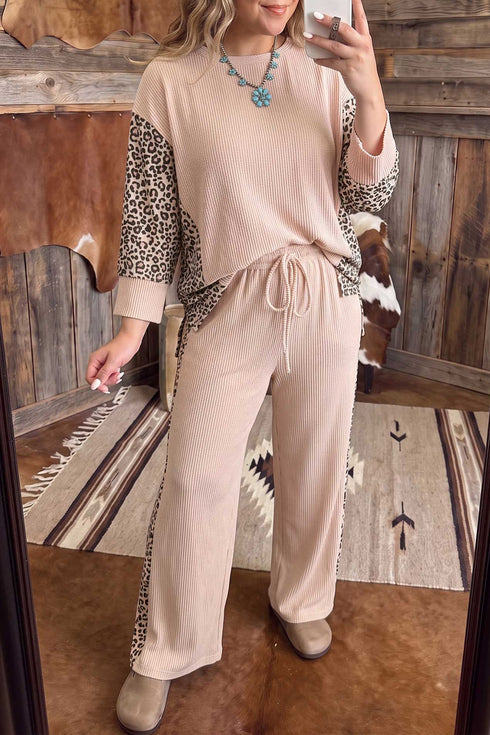 Leopard Print Ribbed Twist Long Sleeve Lounge Set