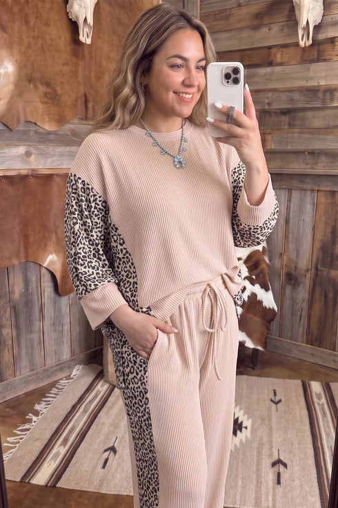 Leopard Print Ribbed Twist Long Sleeve Lounge Set