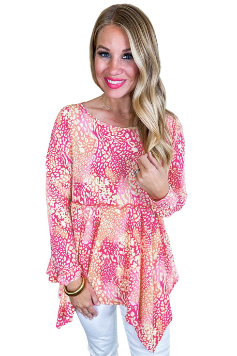 Leopard Print Round Neck Handkerchief Hem Tunic Top