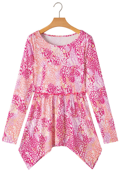 Leopard Print Round Neck Handkerchief Hem Tunic Top
