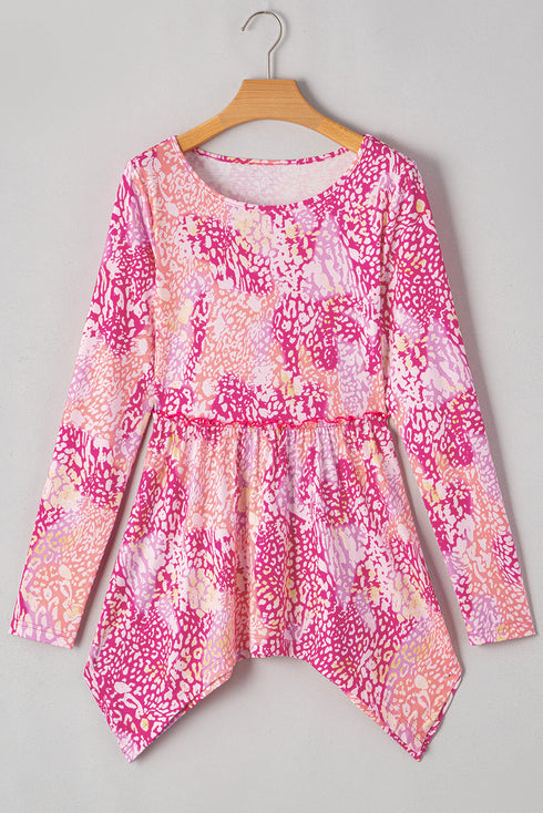 Leopard Print Round Neck Handkerchief Hem Tunic Top
