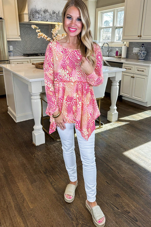 Leopard Print Round Neck Handkerchief Hem Tunic Top