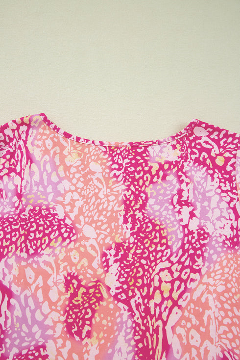 Leopard Print Round Neck Handkerchief Hem Tunic Top