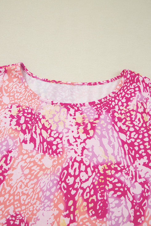 Leopard Print Round Neck Handkerchief Hem Tunic Top