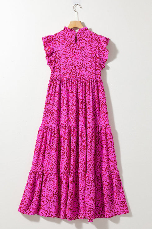 Leopard Print Ruffle Mock Neck Tiered Maxi Dress