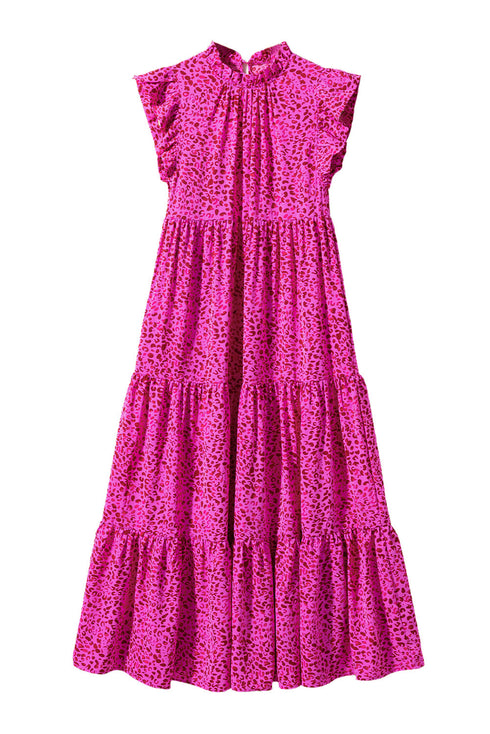 Leopard Print Ruffle Mock Neck Tiered Maxi Dress