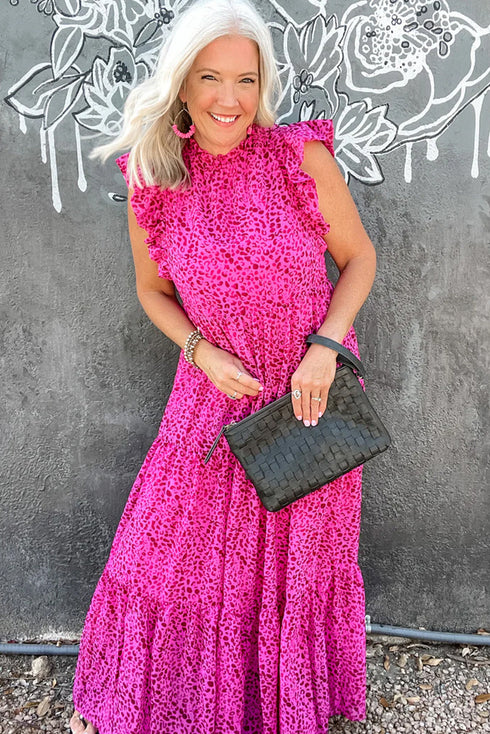 Leopard Print Ruffle Mock Neck Tiered Maxi Dress