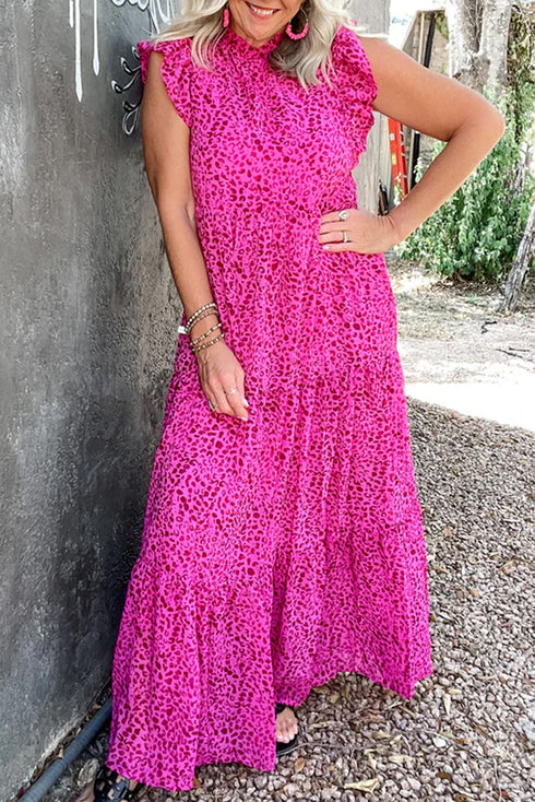 Leopard Print Ruffle Mock Neck Tiered Maxi Dress