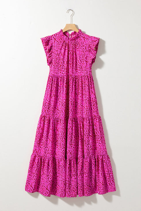 Leopard Print Ruffle Mock Neck Tiered Maxi Dress