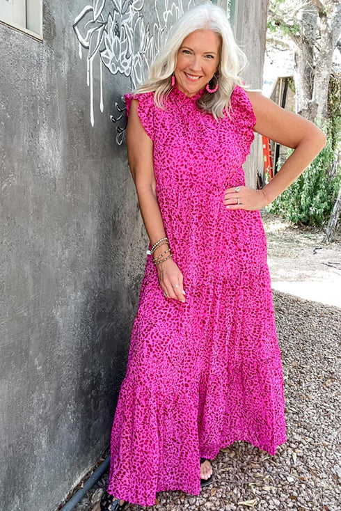 Leopard Print Ruffle Mock Neck Tiered Maxi Dress
