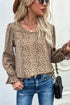 Leopard Print Ruffle Puff Sleeves Crew Neck Blouse