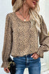 Leopard Print Ruffle Puff Sleeves Crew Neck Blouse