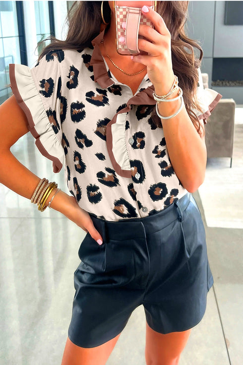 Leopard Print Ruffle Sleeve Western Style Blouse