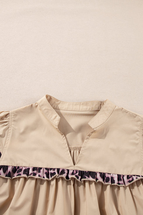 Leopard Print Ruffle Trim Tiered Cotton Blouse