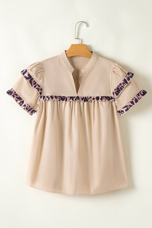 Leopard Print Ruffle Trim Tiered Cotton Blouse