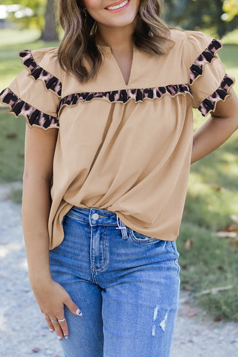 Leopard Print Ruffle Trim Tiered Cotton Blouse