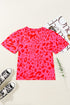 Leopard Print Ruffle Trim V Neck Short Sleeve Blouse