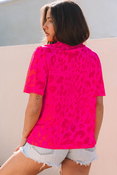 Leopard Print Ruffle Trim V Neck Short Sleeve Blouse