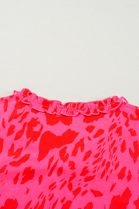 Leopard Print Ruffle Trim V Neck Short Sleeve Blouse