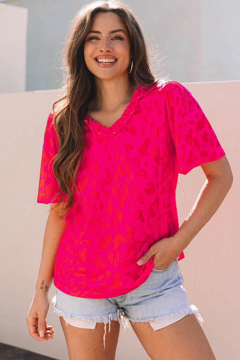 Leopard Print Ruffle Trim V Neck Short Sleeve Blouse