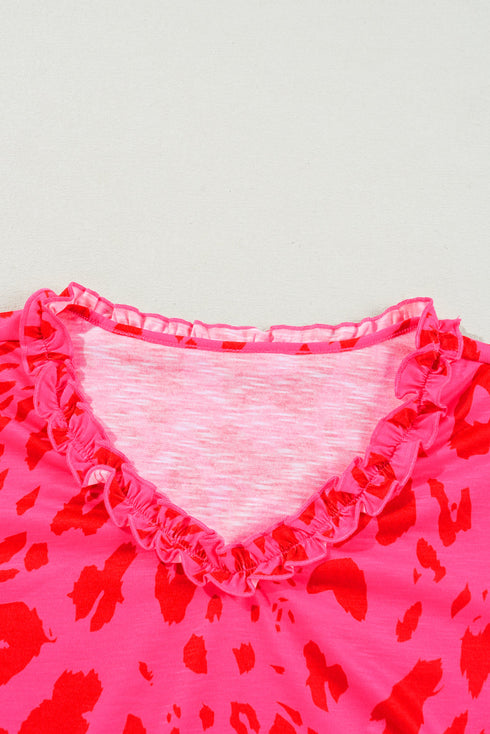 Leopard Print Ruffle Trim V Neck Short Sleeve Blouse