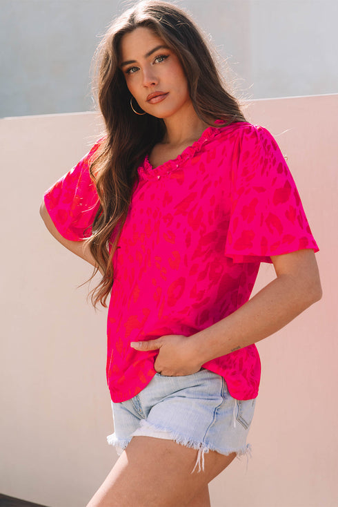 Leopard Print Ruffle Trim V Neck Short Sleeve Blouse