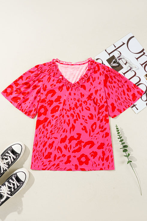 Leopard Print Ruffle Trim V Neck Short Sleeve Blouse