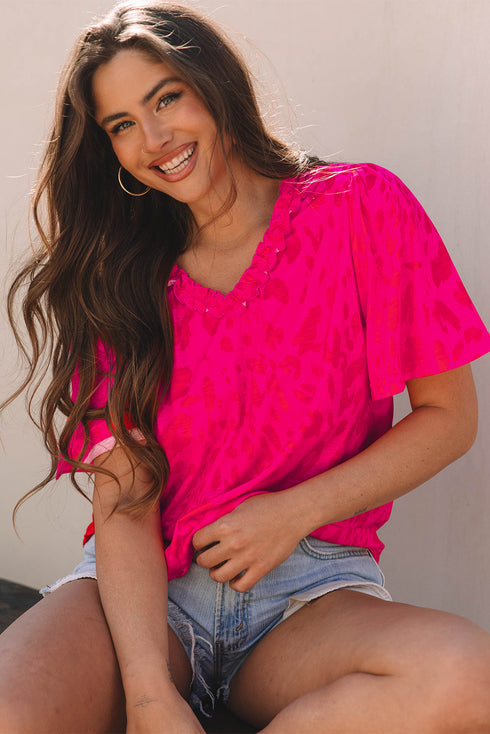 Leopard Print Ruffle Trim V Neck Short Sleeve Blouse