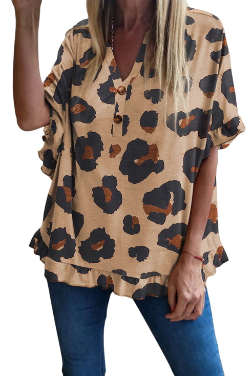 Leopard Print Ruffled Buttoned V Neck Top