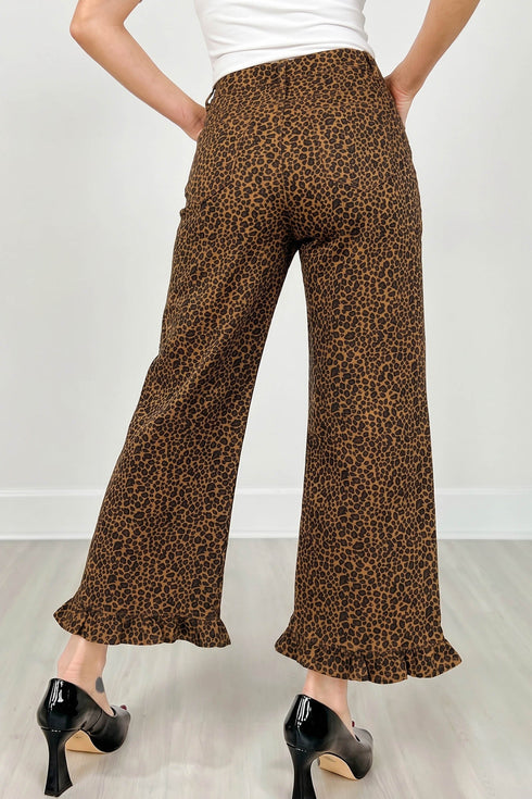 Leopard Print Ruffled Hem Modern Denim Jeans