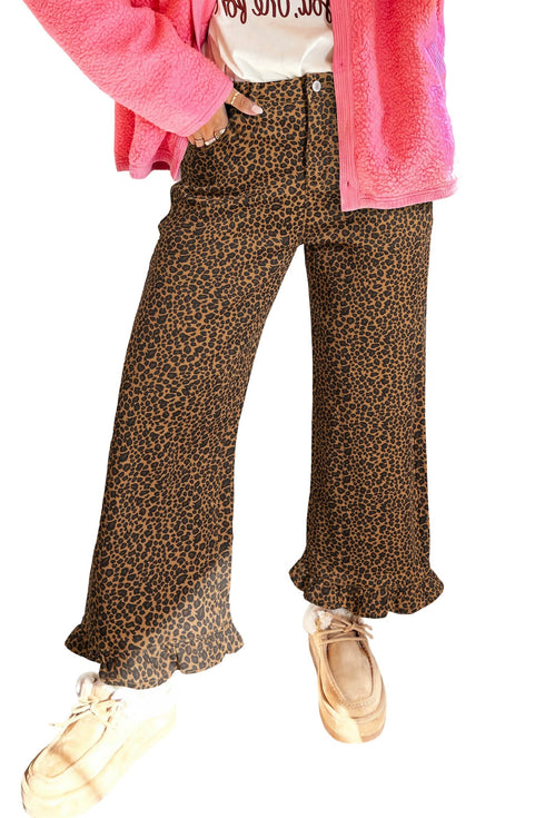 Leopard Print Ruffled Hem Modern Denim Jeans