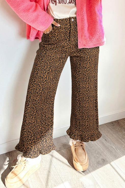 Leopard Print Ruffled Hem Modern Denim Jeans
