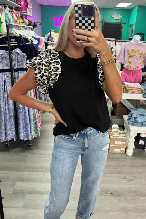 Leopard Print Ruffled Sleeve Ribbed Knit Top