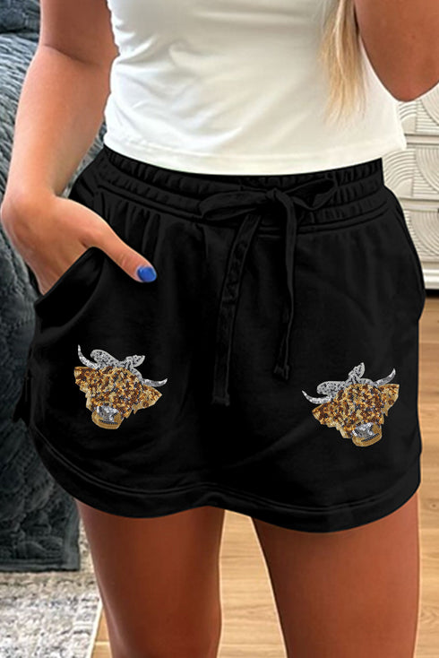 Leopard Print Sequin Heifer Patch Drawstring Lounge Shorts