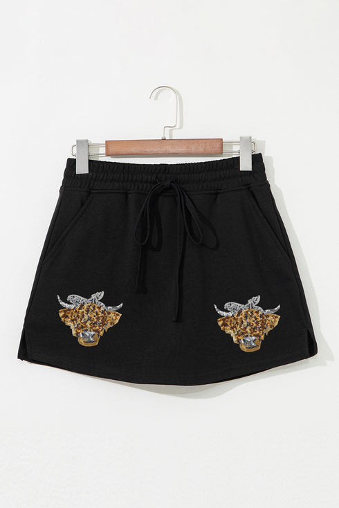 Leopard Print Sequin Heifer Patch Drawstring Lounge Shorts