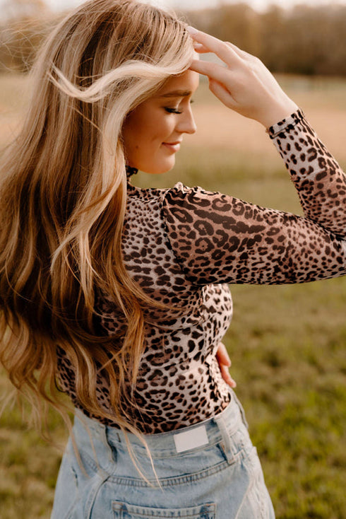 Leopard Print Sheer Mesh Smocked Neck Long Sleeve Bodysuit