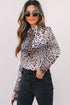Leopard Print Sheer Mesh Smocked Neck Long Sleeve Bodysuit