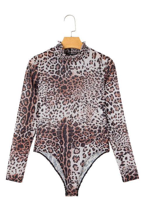 Leopard Print Sheer Mesh Smocked Neck Long Sleeve Bodysuit