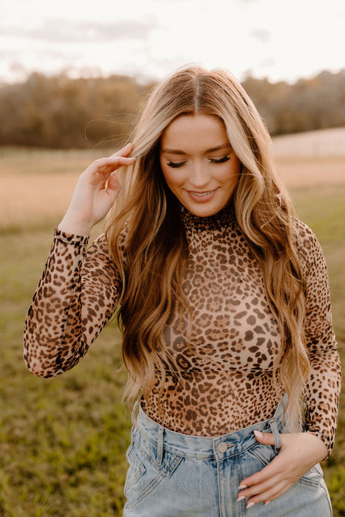 Leopard Print Sheer Mesh Smocked Neck Long Sleeve Bodysuit