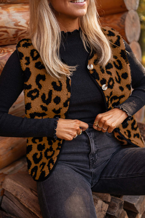 Leopard Print Sherpa Textured Retro Inspired Layering Vest