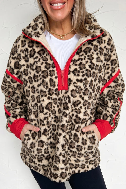 Leopard Print Sherpa Zip Up Pocketed Sweatshirt